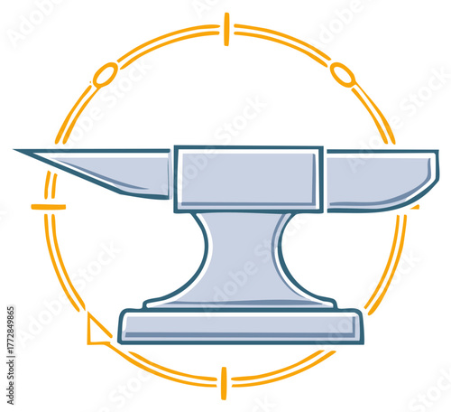 Heavy grey anvil graphic, sturdy and traditional, encircled by a dynamic orange design element.