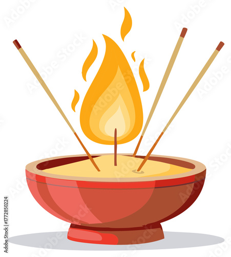 Incense sticks burning in bowl with flame vector illustration religious practices spiritual ritual