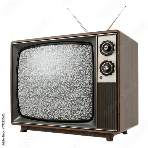 Vintage television set with static screen and antenna against a black background studio shot