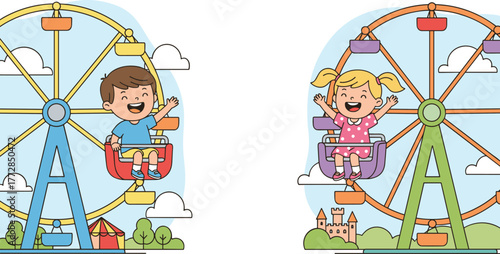 Cartoon children riding Ferris wheels, amusement park fun, colorful gondola scene, joyful outdoor activity, castle and tent background, playful illustration