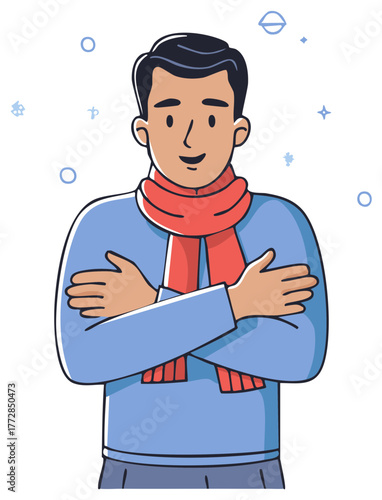 Man wearing a blue sweater and red scarf hugging himself, possibly feeling cold, with abstract winter elements