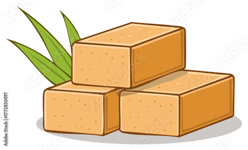 Vector illustration of three stacked tofu blocks with fresh green pandan leaves