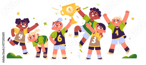 Happy child team celebrates winning together. Joyful kids hold trophy for sports success. Group of children with gold cup, prize at awarding. Flat isolated vector illustration on white background.