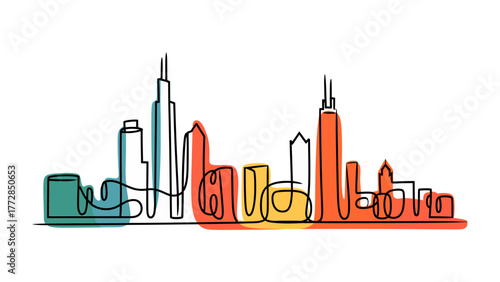 City Skyline: A captivating artistic rendition of a city skyline, crafted with a continuous line that weaves a vibrant tapestry of buildings, symbolizing the dynamic essence of an urban landscape.