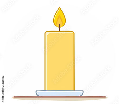 Simple cartoon style yellow pillar candle burning brightly on a small light blue plate