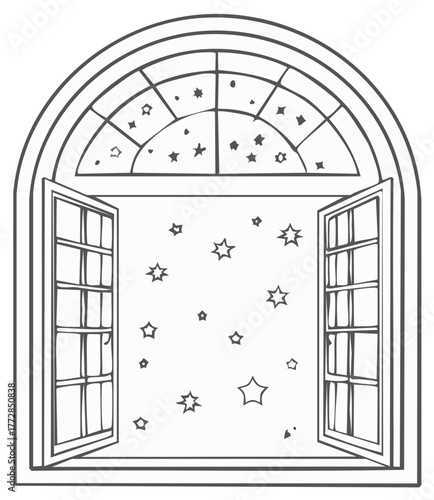 Open arched window revealing a starry night sky with playful star shapes