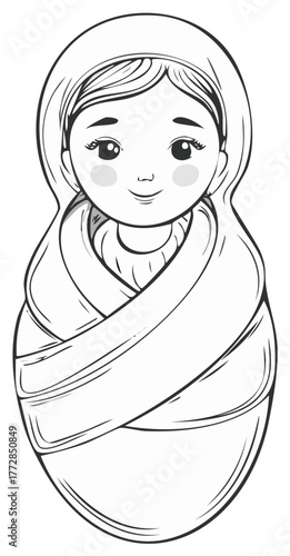 Outline Drawing of a Traditional Eastern European Nesting Doll with Smiling Face