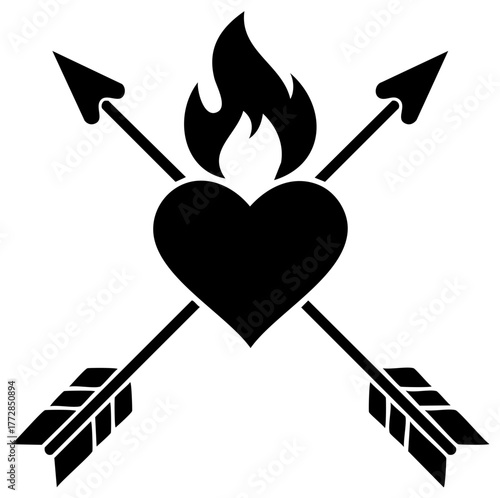 Flaming Heart Pierced by Arrows in Bold Black and White Graphic Silhouette