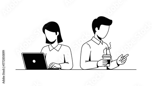 Business people working on laptop and drinking coffee