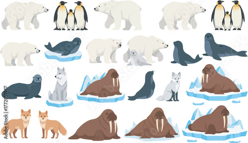 Collection of Arctic and Antarctic animals illustration set isolated on white background for design