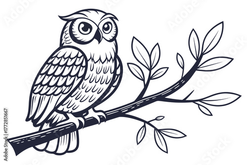 Owl sitting on branch — stylized line art, detailed but clean, monochrome t-shirt design
