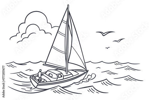 Sailing boat on calm waves — minimal nautical theme, line illustration, t-shirt vector