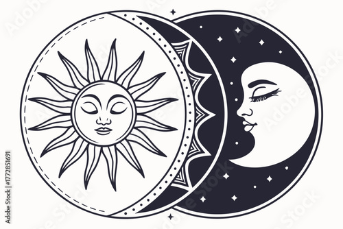 Sun and moon yin-yang composition — celestial balance, thin line art, monochrome vector