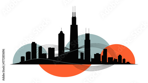 City Silhouette: A bold architectural silhouette of a modern city's skyline, showcasing towering skyscrapers and urban infrastructure against a backdrop of stylized geometric shapes.