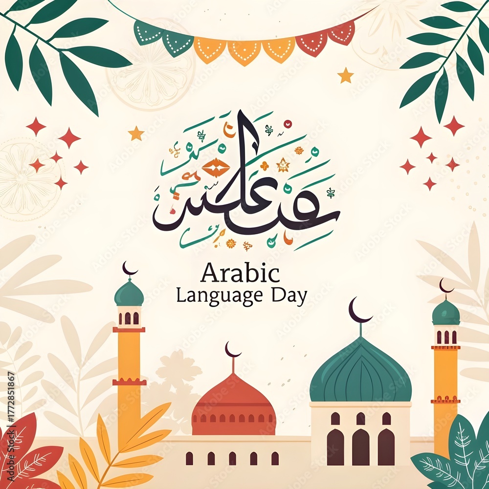 Naklejka premium Eid Mubarak Celebration with Mosque and Arabic Calligraphy Illustration