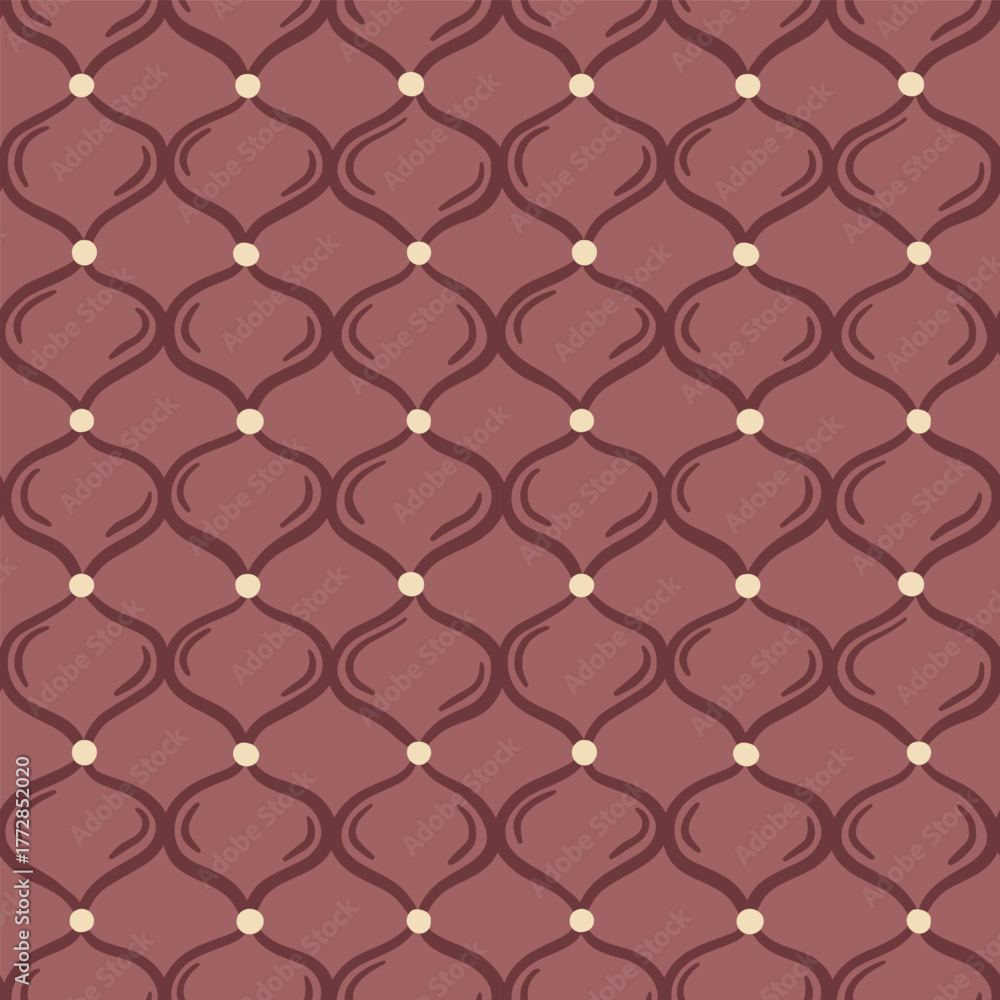 Obraz premium Seamless vector ogee pattern with quilted diamond shape and white dots on a muted reddish brown background. Elegant vintage geometric design for textile, wallpaper, wrapping paper