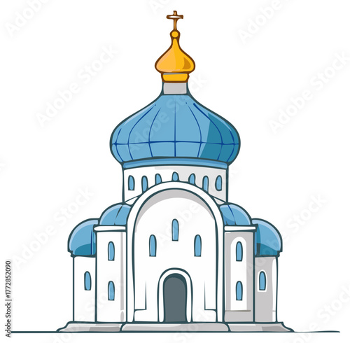 Cartoon vector of Orthodox Church building with a golden cross and blue domes on white background for religious or travel themes