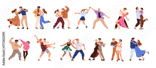 Set of different dancing pairs. Happy couples of dancers perform step, swing and waltz. Talented people move by music, show performances. Flat isolated vector illustrations on white background.