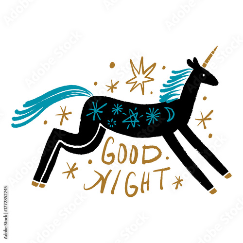 Night nursery unicorn vector and jpg clipart file image, editable isolated details, good night hand-sketched lettering text. Pony funny childish art in cartoon minimalist Scandinavian style, baby