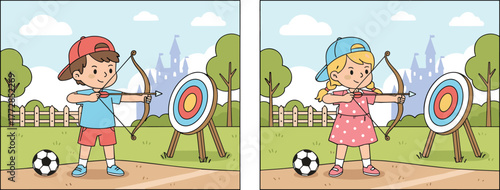 Cartoon, children, archery, outdoor, sport, target, bow, arrow, boy, girl, competition, practice, castle, trees, fence, sky, soccer, playful, concentration, illustration