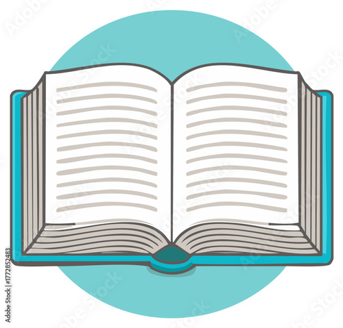 Open book icon in turquoise and grey for education, library, study concept