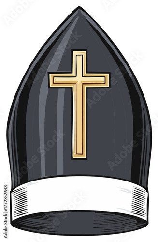 Black bishop's mitre adorned with a golden cross and white band