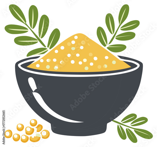 Stylized dark bowl filled with golden granular ingredients, adorned with green leafy sprigs and scattered seeds
