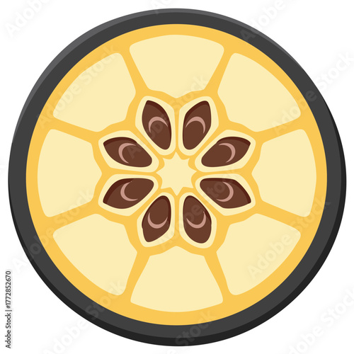 Slice of quince fruit showing seeds and segmented flesh in a graphic style