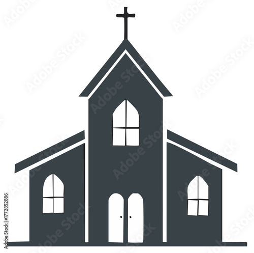 Church building silhouette with cross, doors and windows