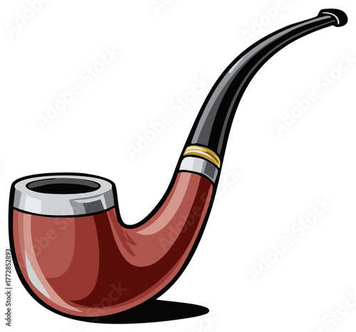 Traditional brown smoking pipe with a black stem and golden band illustration.