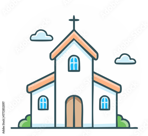 Simple cartoon illustration of a church building with a cross on the roof