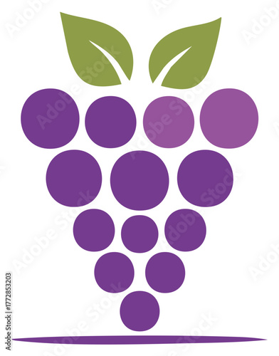Stylized cluster of purple grapes with green leaves and a purple stem icon