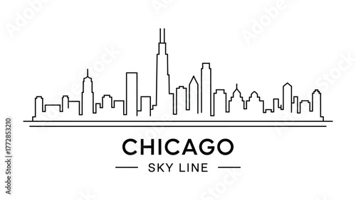 Chicago Skyline: A minimalistic linear illustration captures the iconic silhouette of Chicago's architectural marvels, symbolizing urban grandeur. 