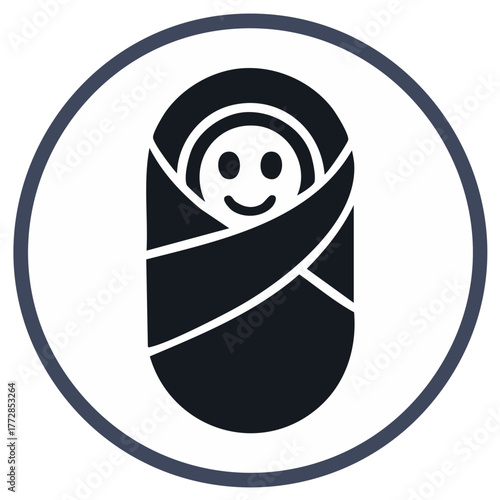 Simple cute swaddled newborn baby smiling icon in a round black and white circle graphic