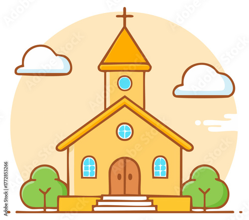 Cute cartoon illustration of a yellow church with a bell tower and cross