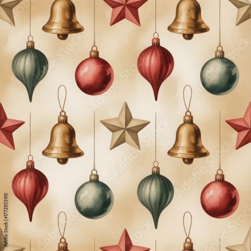 Seamless holiday ornament pattern with red, gold, and blue baubles, bells, and stars — cozy vintage Christmas texture for surface design and textiles