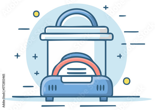 Stylized illustration of a blue futuristic tanning bed with a red accent glowing warmly