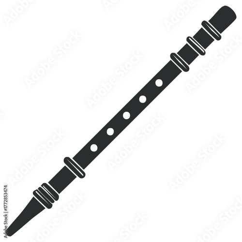 Black silhouette of a traditional woodwind musical instrument with tone holes for music and sound