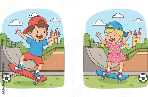 Cartoon, children, skateboarding, outdoor, sport, boy, girl, skateboard, ramp, castle, fun, motion, play, sneakers, cap, dress, excitement, grass, sky, illustration