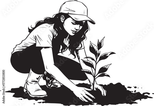 Black and White Illustration of Young Woman Planting Tree Sapling Reforestation Concept.