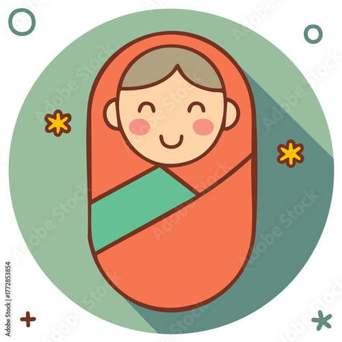 Cute newborn baby swaddled in orange blanket with sweet smiling face in a circle