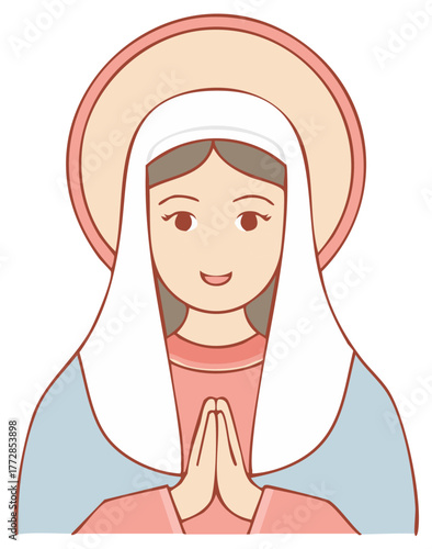 Illustration of a woman in prayer with a halo, wearing a veil and religious garments
