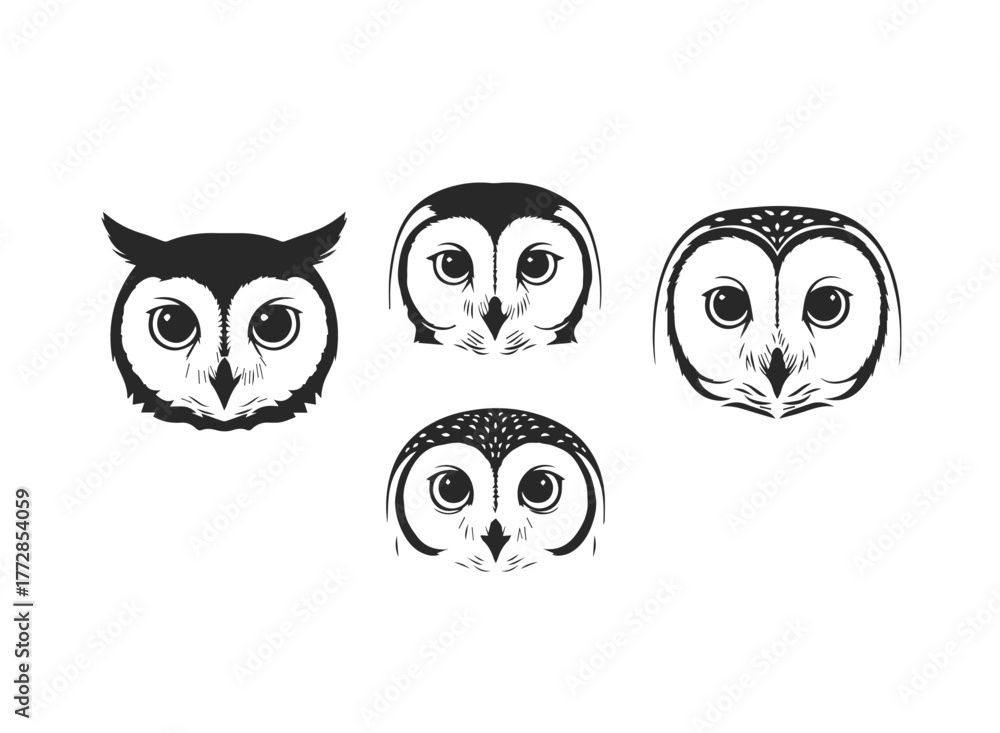 Obraz premium Collection of Stylized Owl Faces Vector Illustration