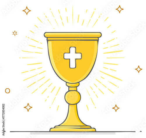Ornate Golden Chalice with a Prominent Cross Symbol Displayed Against a Radiant Starburst Effect Backdrop