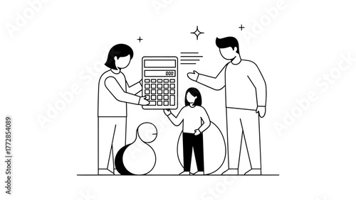 Family doing finances and calculating expenses