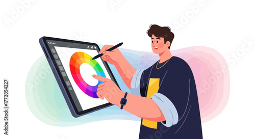 Graphic Designer Working On Digital Art, Using Tablet And Drawing Tools, Cartoon Style