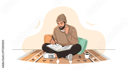 A Bearded Man Sketches In A Notebook While On The Phone And Drinking Coffee