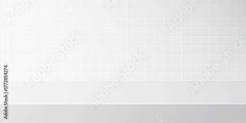 Bathroom or kitchen scene with white table and tiles. Background with pattern of square ceramic tile. Clean scene studio for product display. Vector illustration