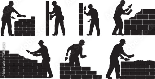 Masons and Bricklayers Building Wall Silhouette Pack