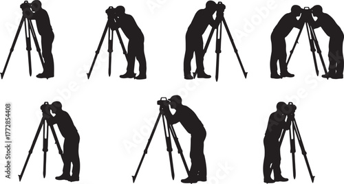 Land Surveyor with Theodolite Silhouette Set